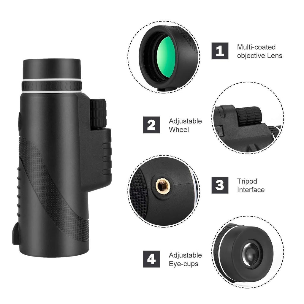 Black HD 40x60 monocular telescope for smartphones shown with lens details.