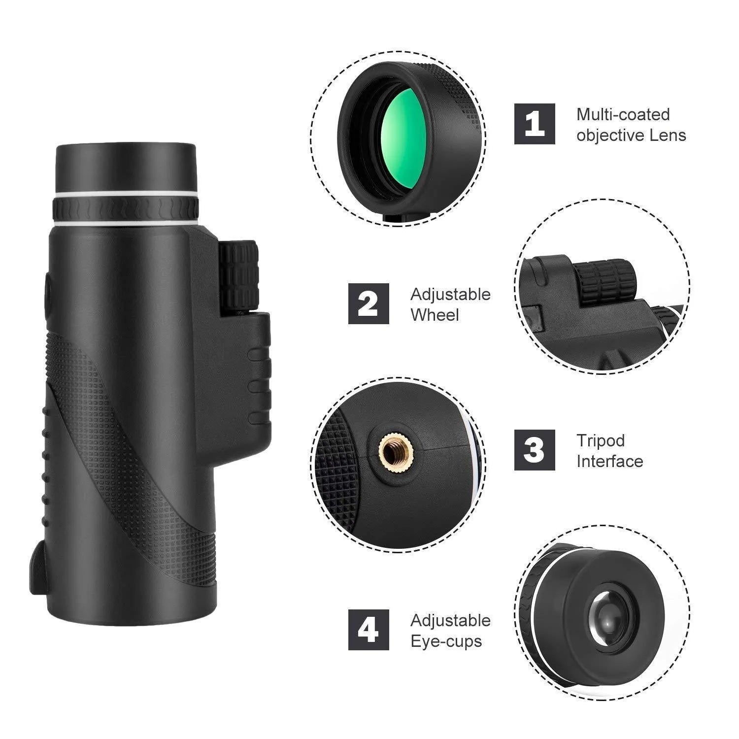 Black HD 40x60 monocular telescope for smartphones shown with lens details.