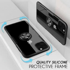 Black PU back cover case fitted on an iPhone 11 Pro Max, showing button and port access.