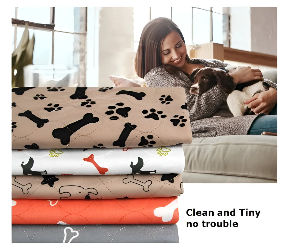 Three-layer waterproof pet absorbent pad in apricot, coffee, grey, orange, or white, sizes 40 x 60 cm, 70 x 80 cm, and 80 x 90 cm