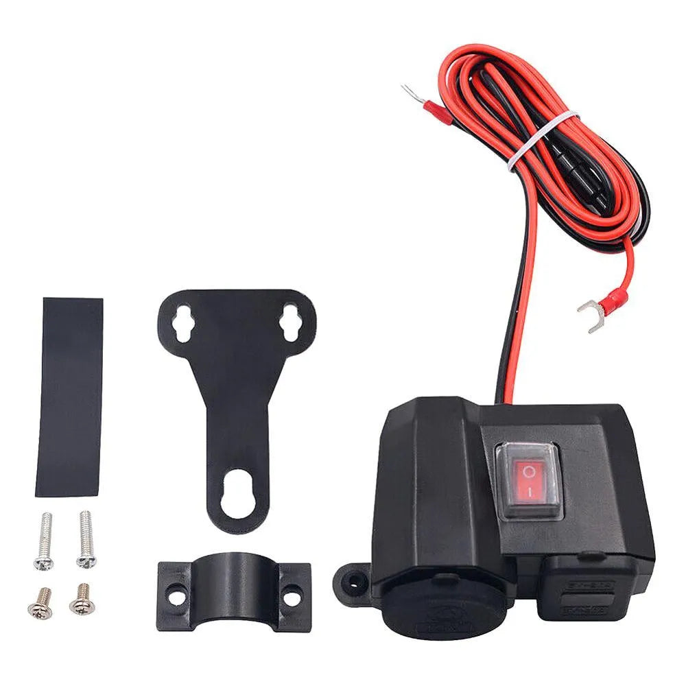 Black dual USB waterproof motorcycle charger with voltmeter and cigarette lighter mounted on handlebar