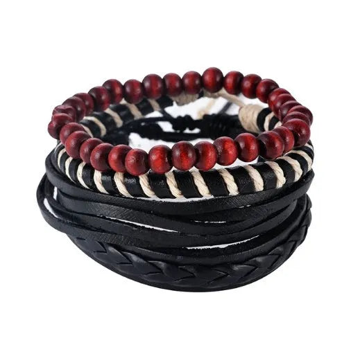 Hand-woven leather bracelet with wooden beads and adjustable design for vintage punk style