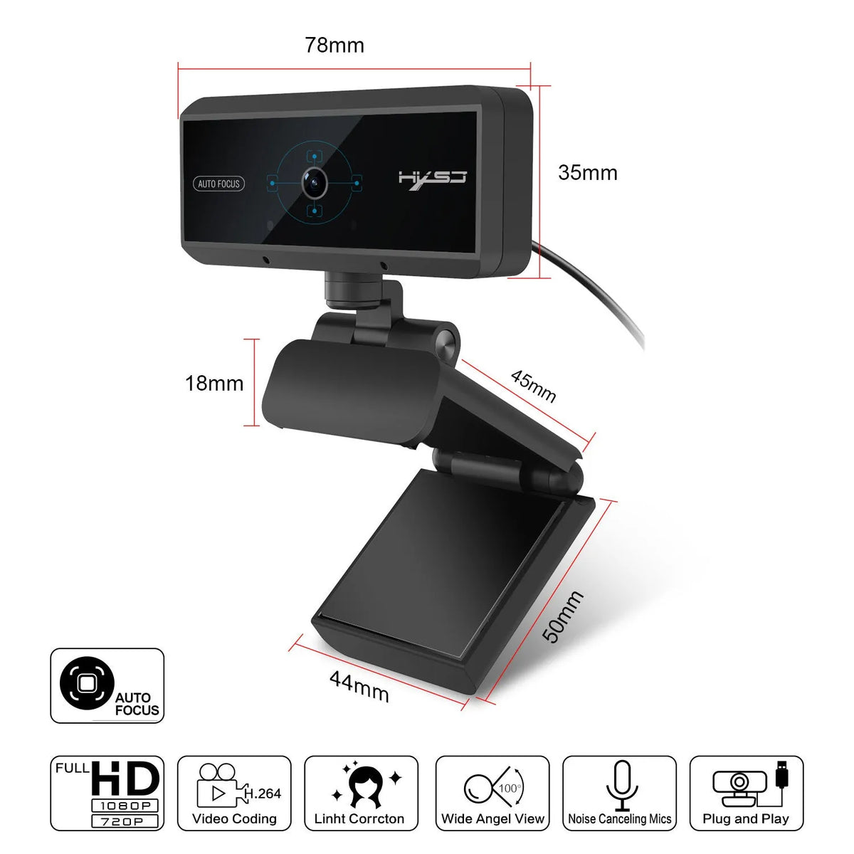 Black USB 2.0 desktop video camera with 5MP CMOS sensor, autofocus, 2592x1944 resolution, and 1.7m cable