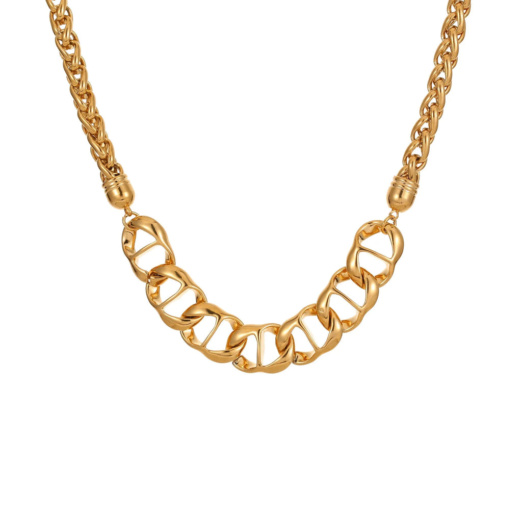 Stainless steel geometric chain necklace with 18K gold plating in gold or steel finish.