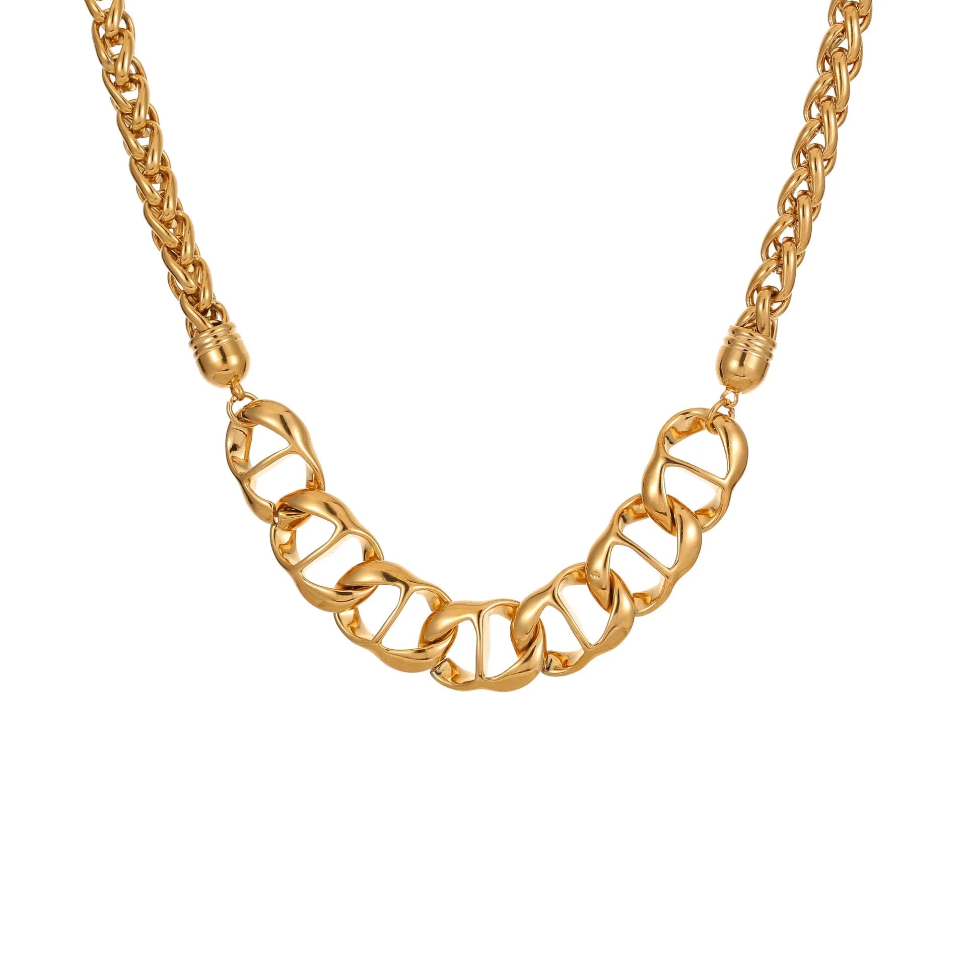 Stainless steel geometric chain necklace with 18K gold plating in gold or steel finish.