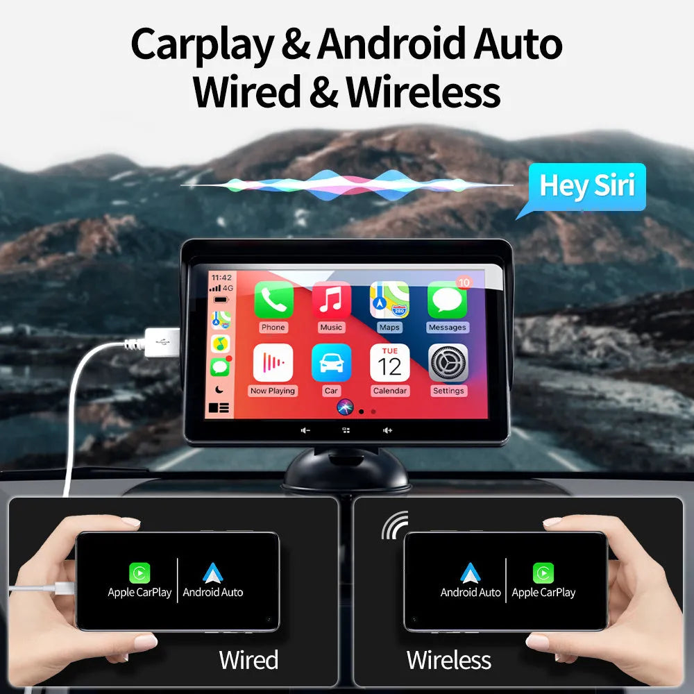 7 inch wireless CarPlay display with suction cup mount and cigarette lighter power adapter