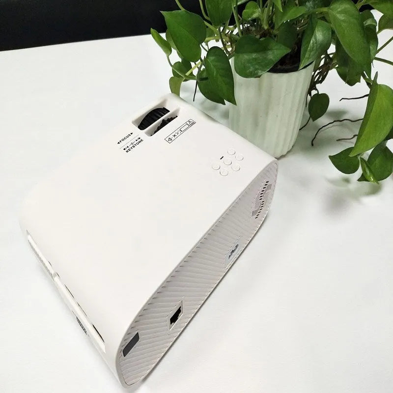 Portable LED smart projector with 18800 brightness, 1920x1080 support, 36-196 inch screen range, black or white.