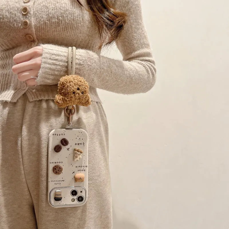 Imitation leather soft phone case with chain lanyard in Maillard brown for iPhone