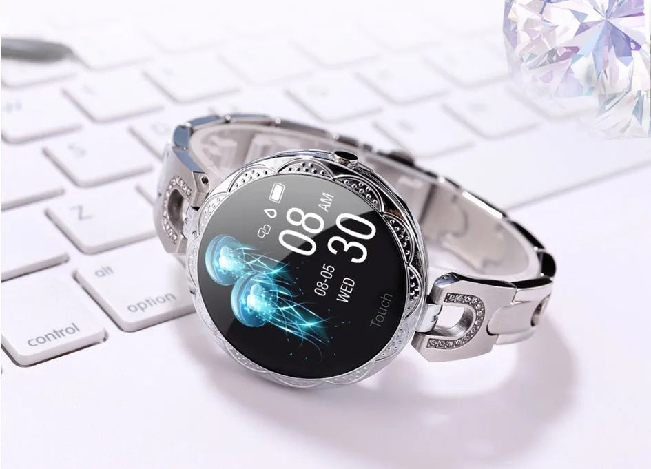 Women's IP67 waterproof smart watch, 38mm round dial, stainless steel strap, Rose Gold Silvery Violet colour options
