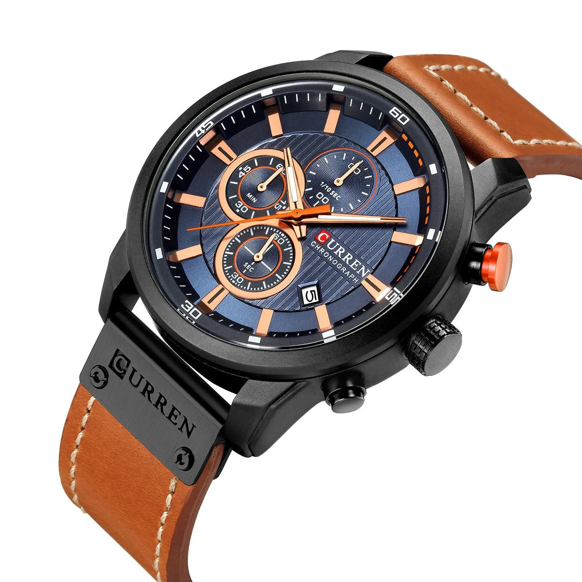 Men's waterproof quartz chronograph watch with 47mm dial, 14mm thick case, leather strap and titanium pin buckle