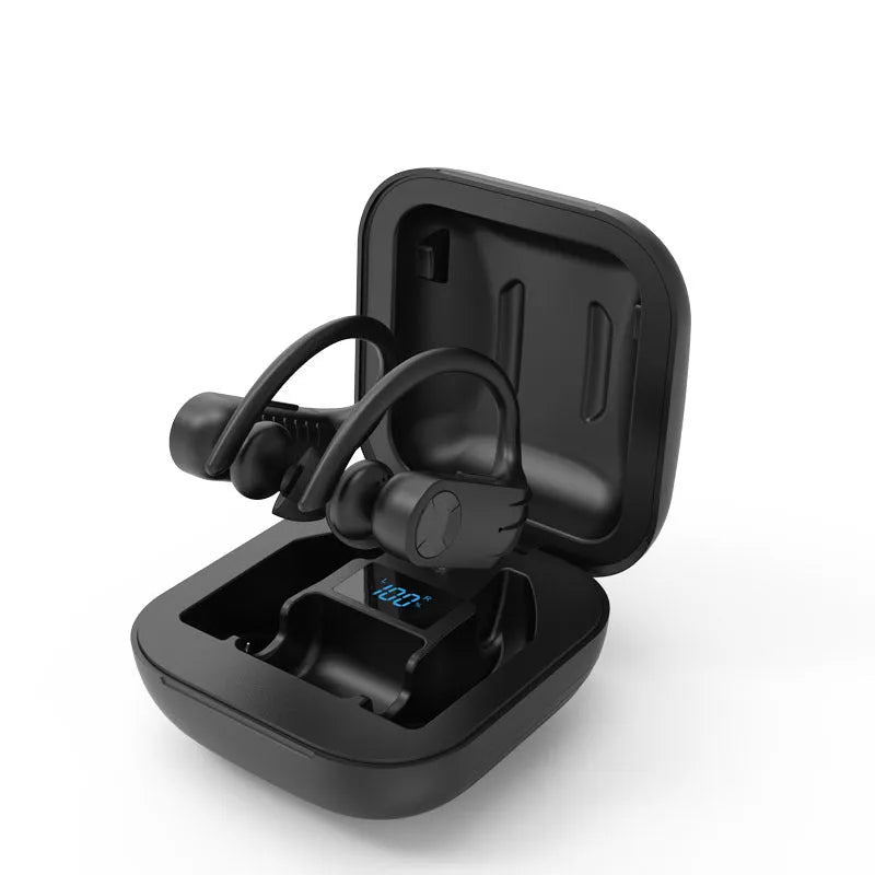 IPX5 waterproof sports Bluetooth earbuds with charging case and secure ear hooks
