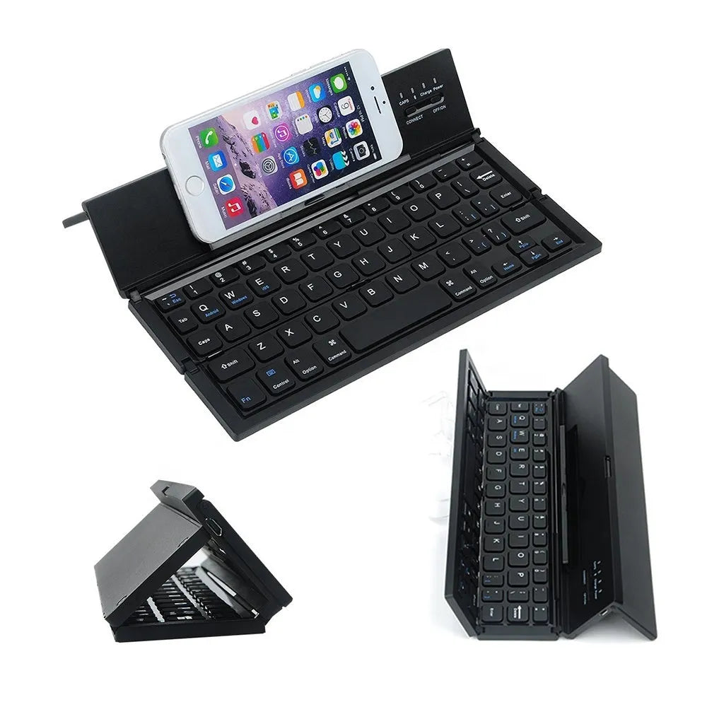Black folding wireless Bluetooth keyboard for tablets with numeric keypad shown open and closed