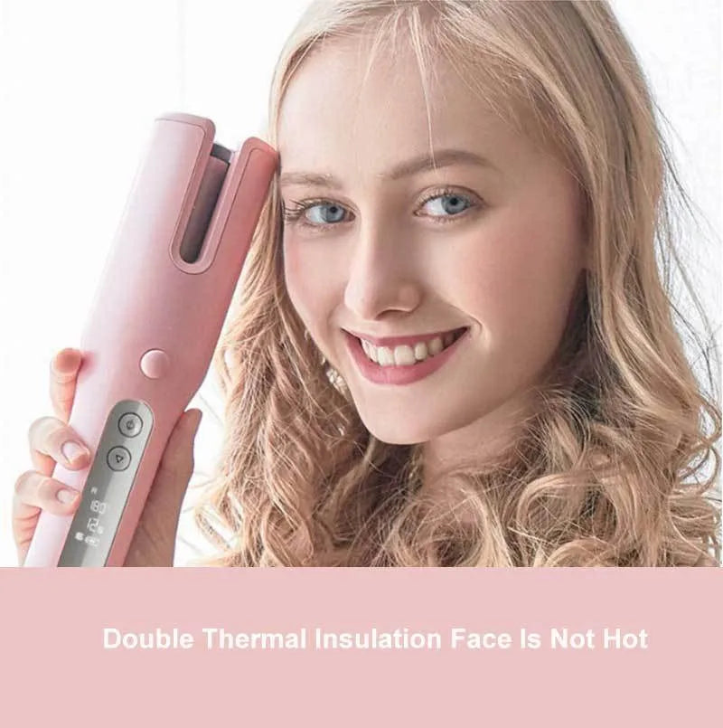 Wireless automatic hair curler with LCD screen, ceramic heating tube and 4800mAh battery, shown in pink