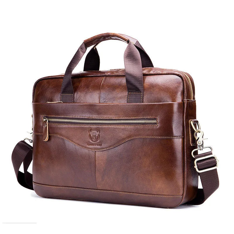 Captain Cow Leather Briefcase 044 in brown first layer cowhide with three compartments and metal clasp
