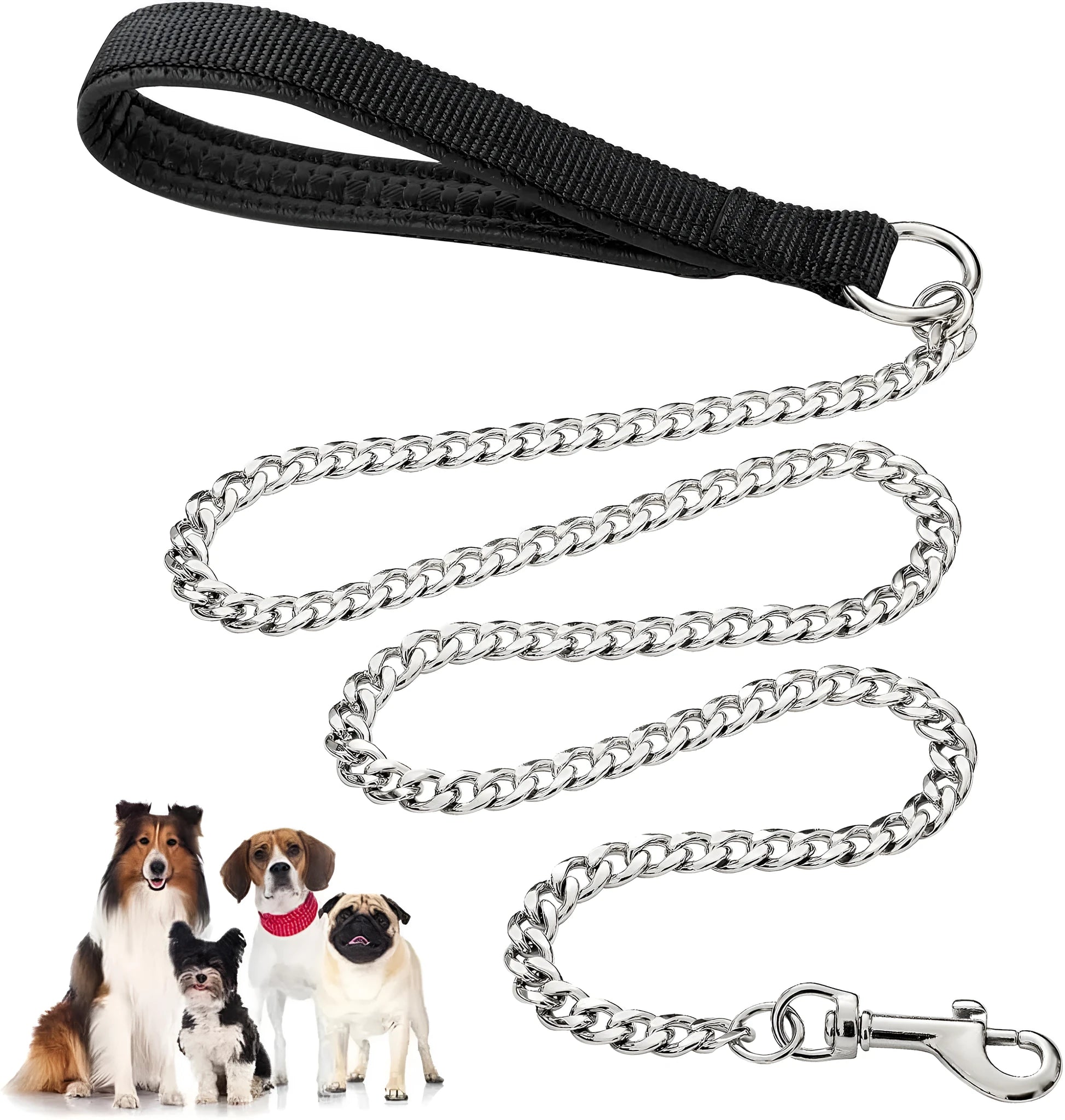 Heavy duty black metal dog leash with soft blue padded handle for large dogs