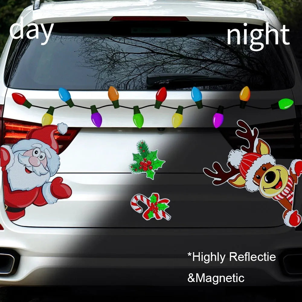 Cartoon Christmas elk reflective magnetic sticker in RFM026 colour on metallic surface