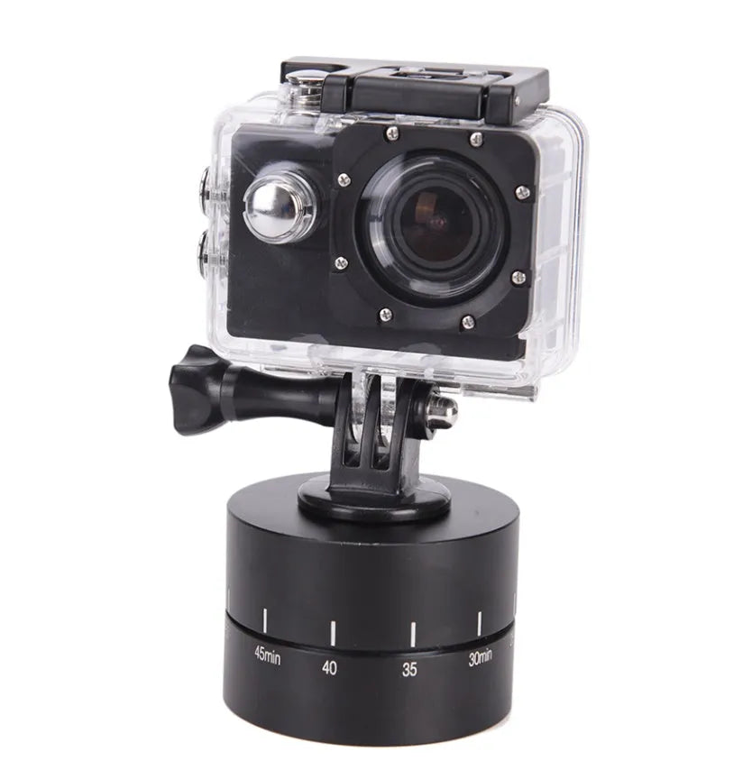 Lapse 360-degree auto rotate motorised camera tripod head on a tripod.