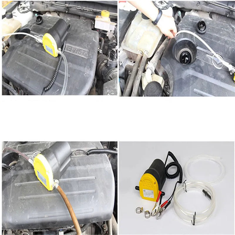Yellow electric oil pump with cast aluminium body and 1.2m inlet pipe on a workshop bench