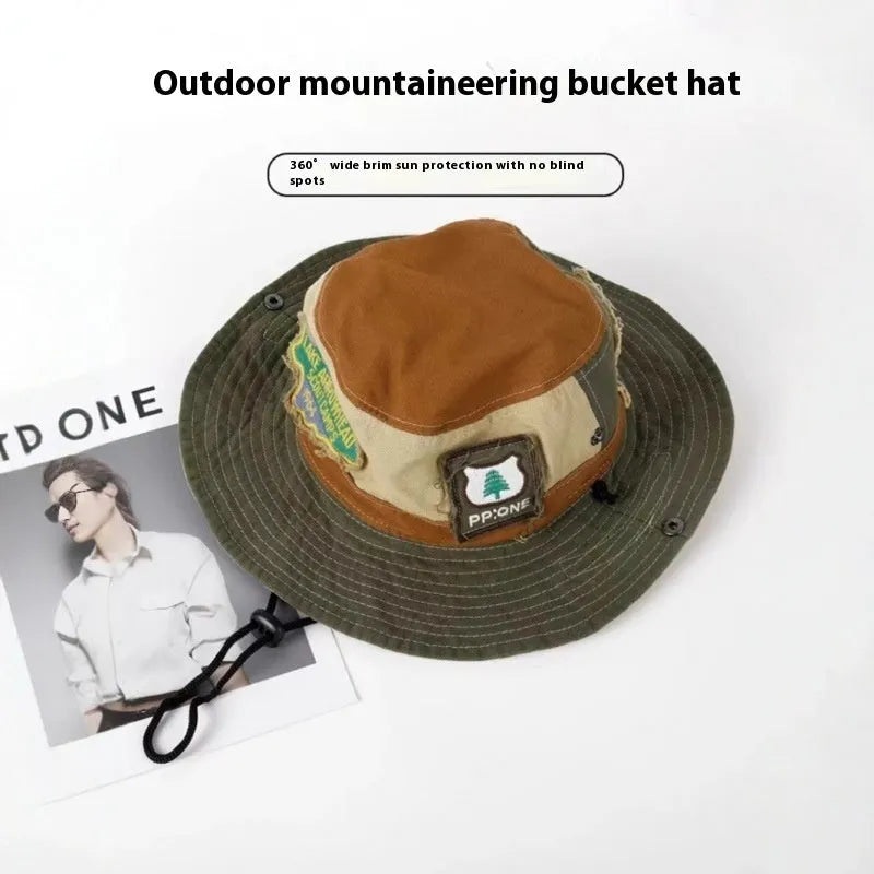 Army green cotton fisherman hat with retro patch design and flat top crown