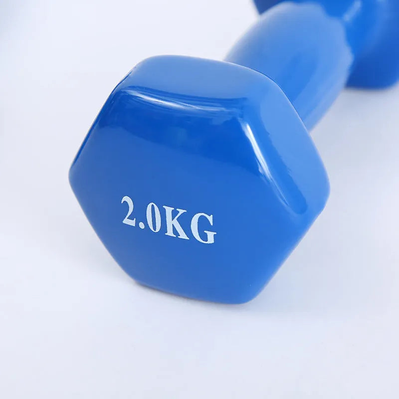 Bright colour plastic-coated fitness dumbbells in 0.5kg, 1kg and 1.5kg weights for home exercise