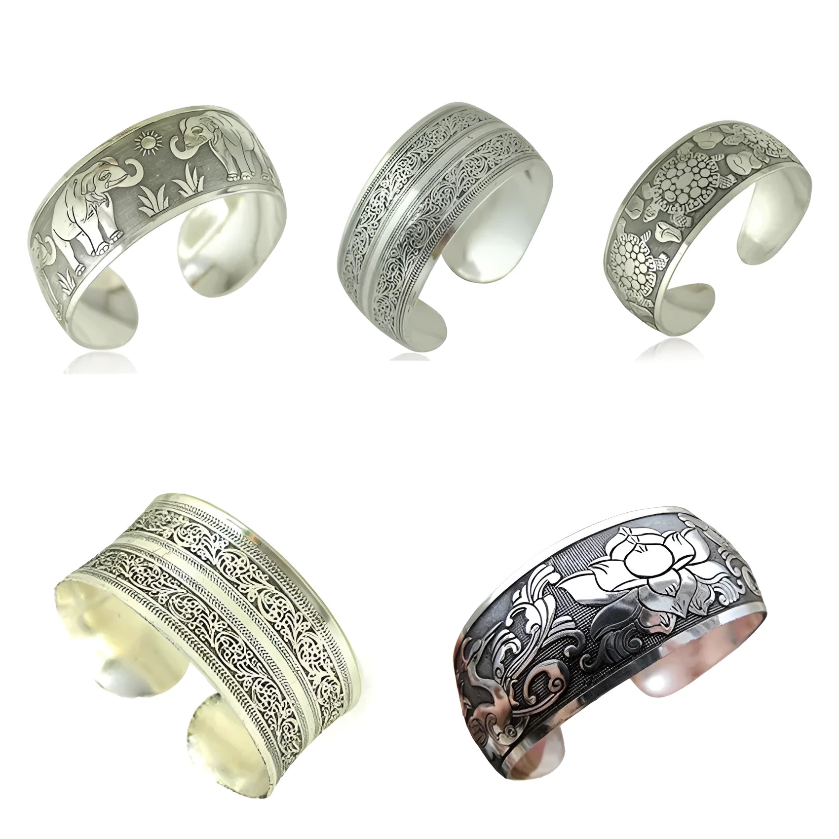 Miao silver openwork carved bracelet in alloy with Rome shape, ethnic design with turtle colour finish