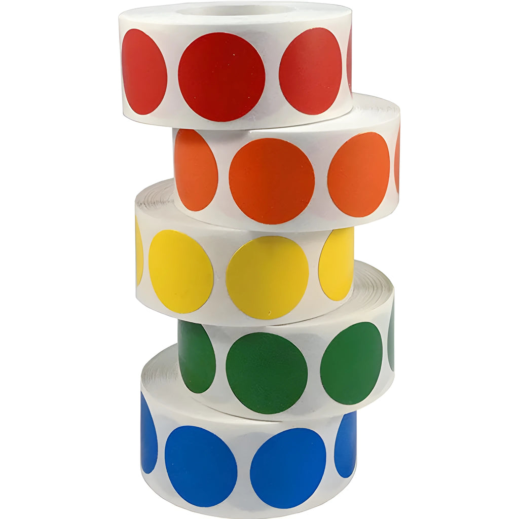 Roll of 500 chroma label colour code point labels, 2.5cm self-adhesive stickers with permanent glue in ten colours