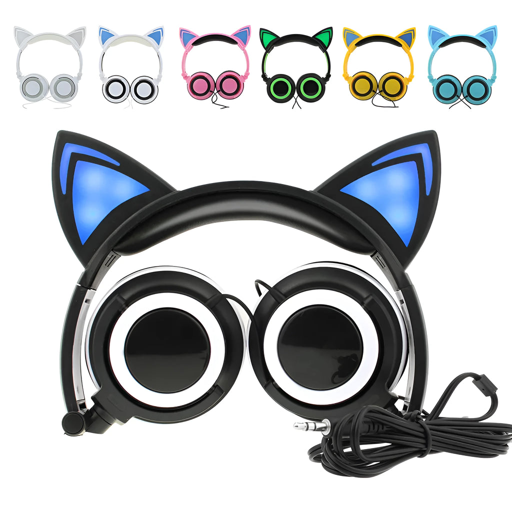 LED illuminated cat ear headphones in seven colour options showing lighting in ears and cushions