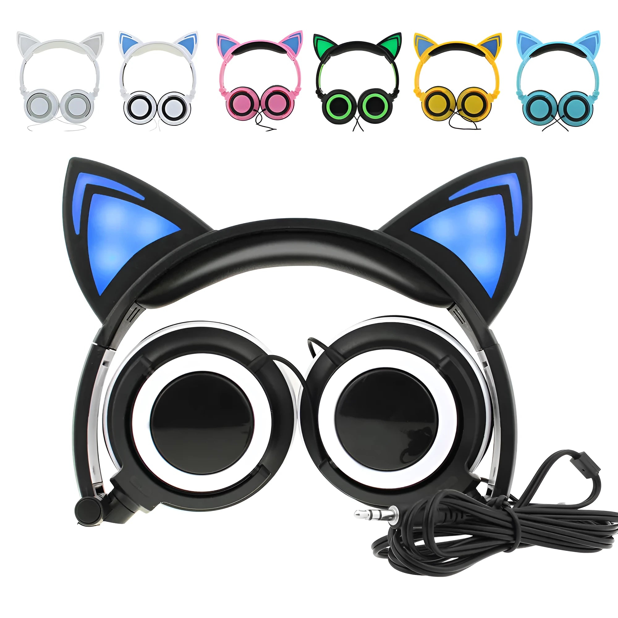 LED illuminated cat ear headphones in seven colour options showing lighting in ears and cushions