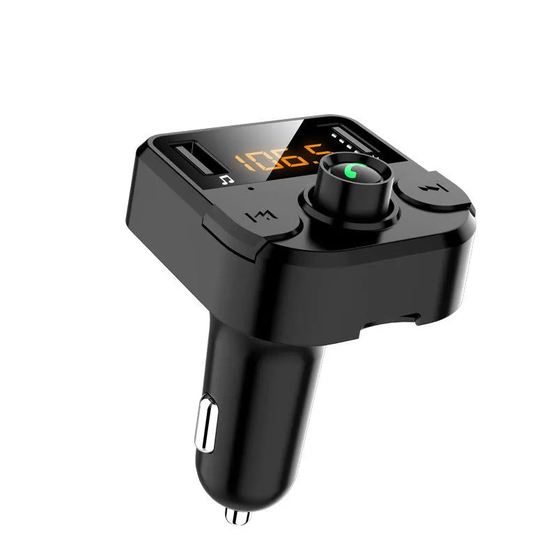 Black BT36B car Bluetooth MP3 player with FM transmitter plugged into a car cigarette lighter socket.