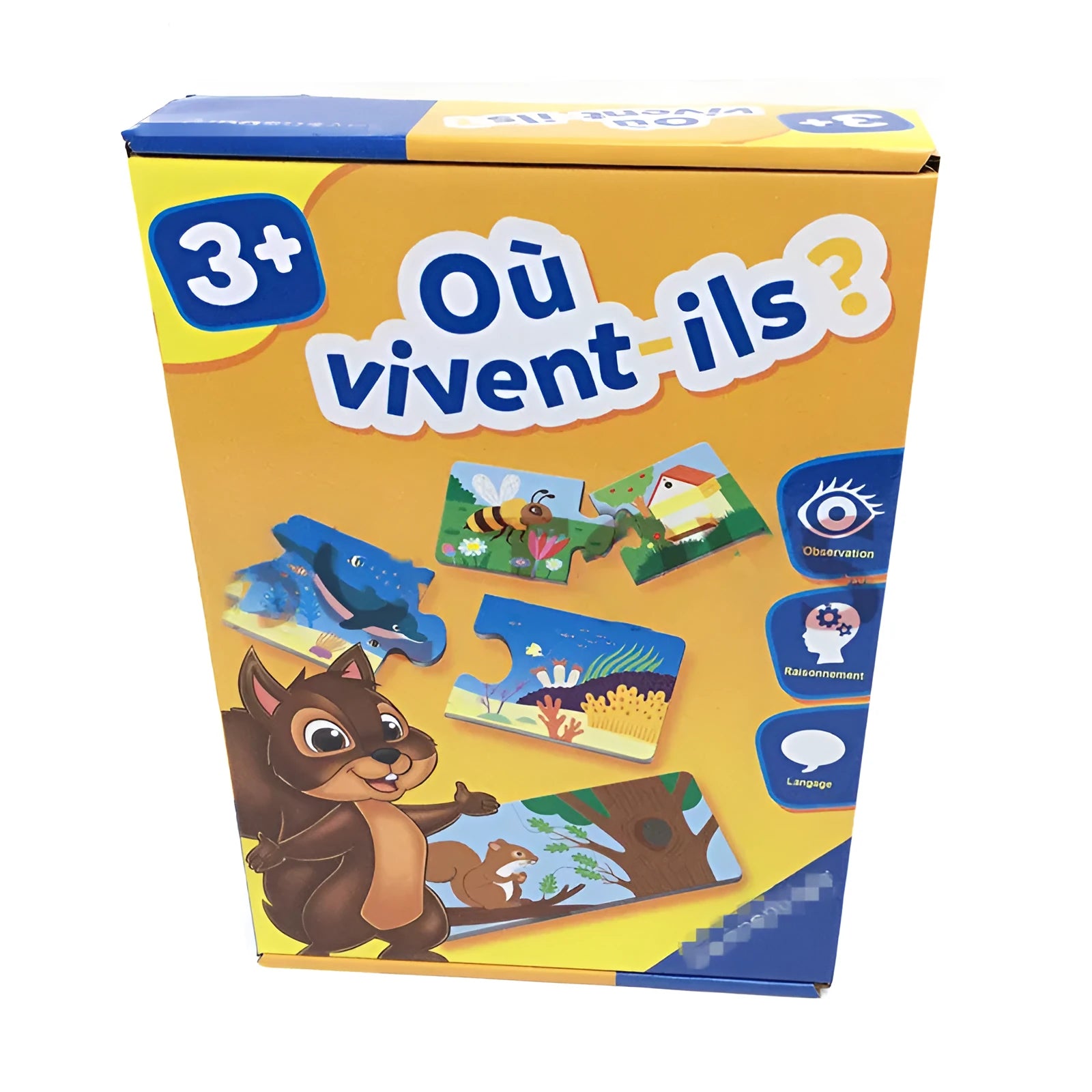 French educational puzzle toy for children with 24 picture and word pieces on a table.