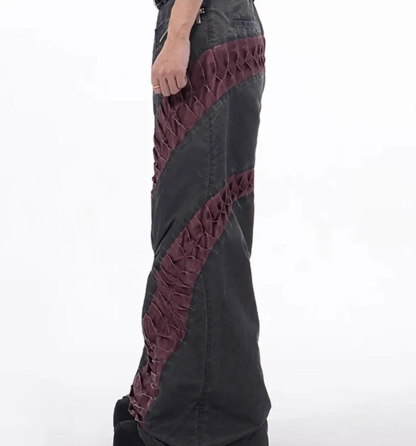 Retro three-dimensional keel casual sports pants in grey rayon viscose fabric, showing tight fit and straight hem.