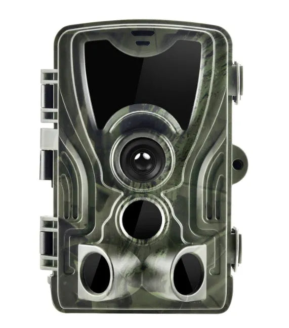 Green cellular trail camera with display screen and infrared sensors for outdoor wildlife monitoring