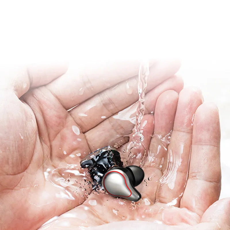 Black and blue in-ear bluetooth stereo headset shown with earplug design