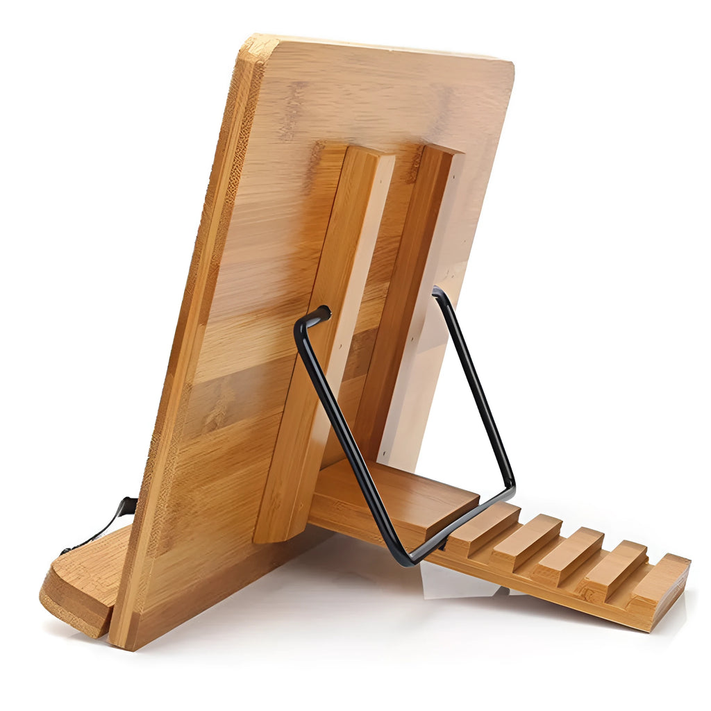 Natural bamboo hollow reading frame on a desk holding an open book in M size with hollow finish