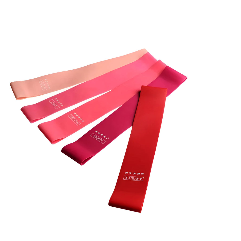 Five-piece pink gradient latex yoga tension band set, each band 600 x 50 mm, pull values 3-5lb to 35-40lb