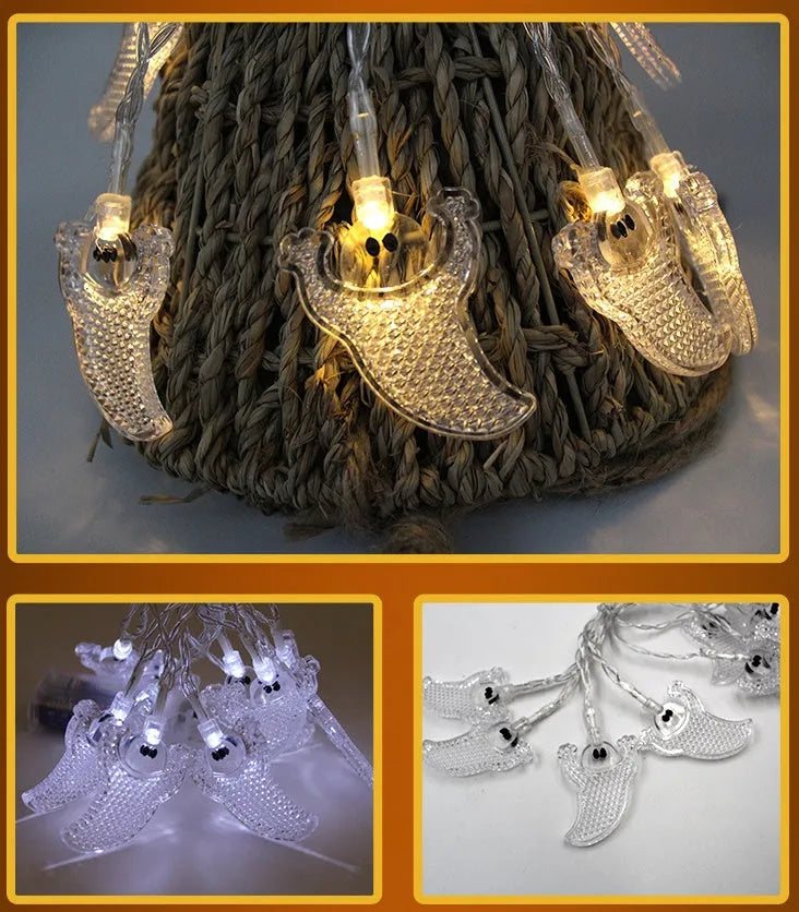 Halloween LED string lights with 10 pumpkin ghost bat spider skull pendants on white 1.2m waterproof cable