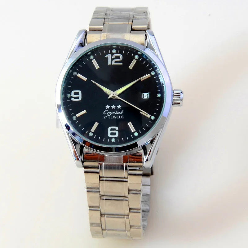Men's automatic mechanical watch with 40.5mm dial, mineral glass, black dial, and pointer display