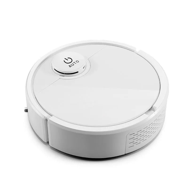 Automatic sweeping robot with circular ABS plastic body on a hardwood floor.