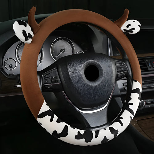 Short plush automotive steering wheel cover in black colour with 38cm diameter