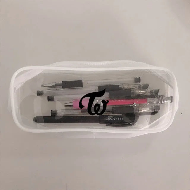 Transparent silicone pencil case 20 cm with BTS black character design on white background
