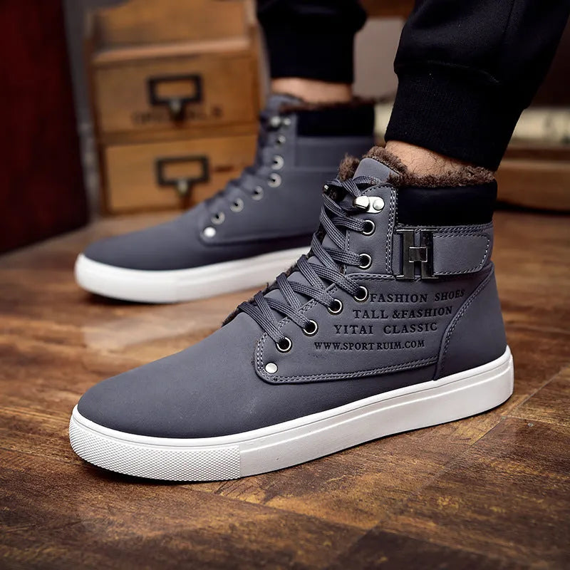 DEKABR men's high top canvas casual shoes in brown with fur lining and rubber outsole