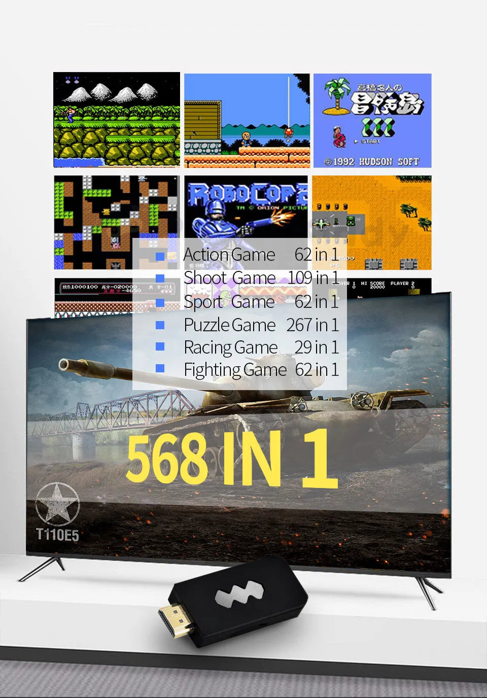 4K HDMI video game console with two wireless controllers and USB cable in colour box packaging