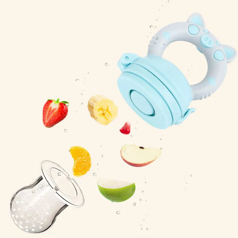 A blue silicone baby teether toy with three different textured mouthpieces for chewing.