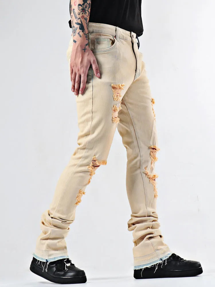 Elastic Youth Heavy Duty Flare Jeans in apricot cotton stretch denim medium high waist stone wash