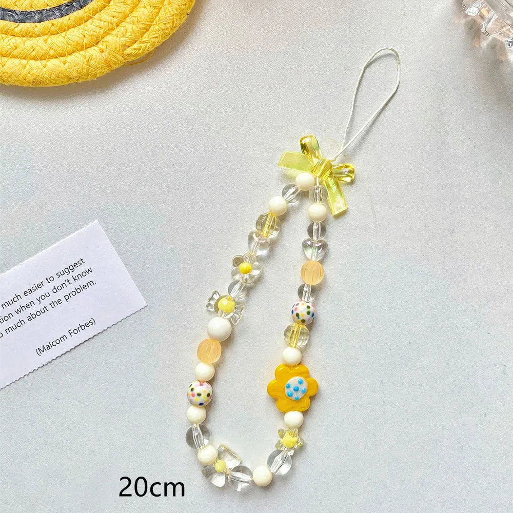 Beaded floral phone lanyard with colourful plastic resin beads on adjustable hand rope