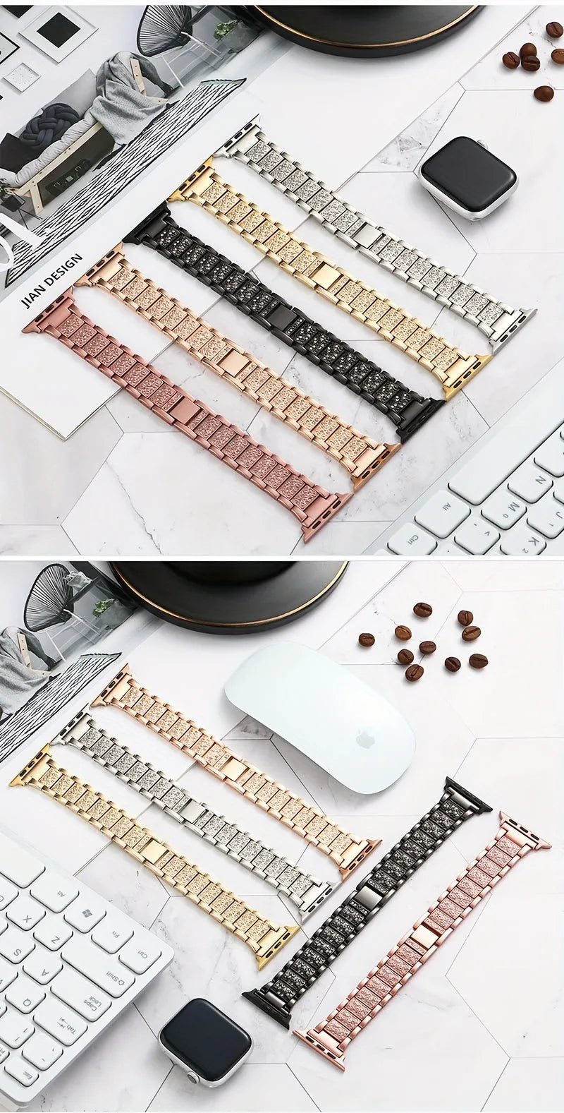 Metal diamond-encrusted watch band in stainless steel with shiny crystals on a black background