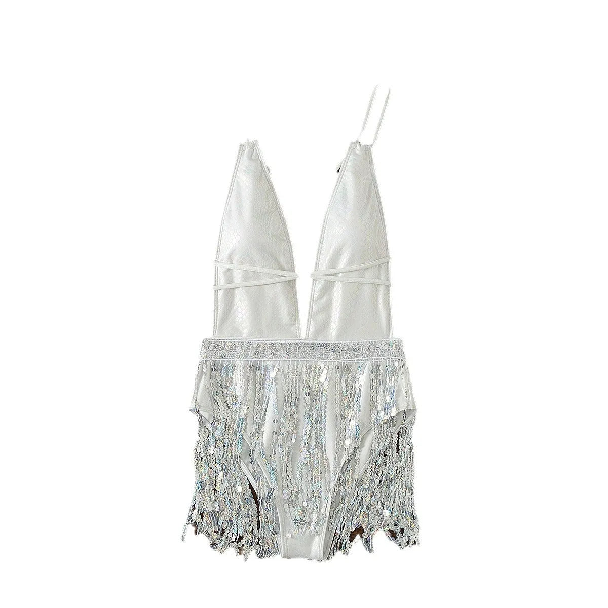 White one-piece swimsuit with a deep V-neckline and a tassel detail.