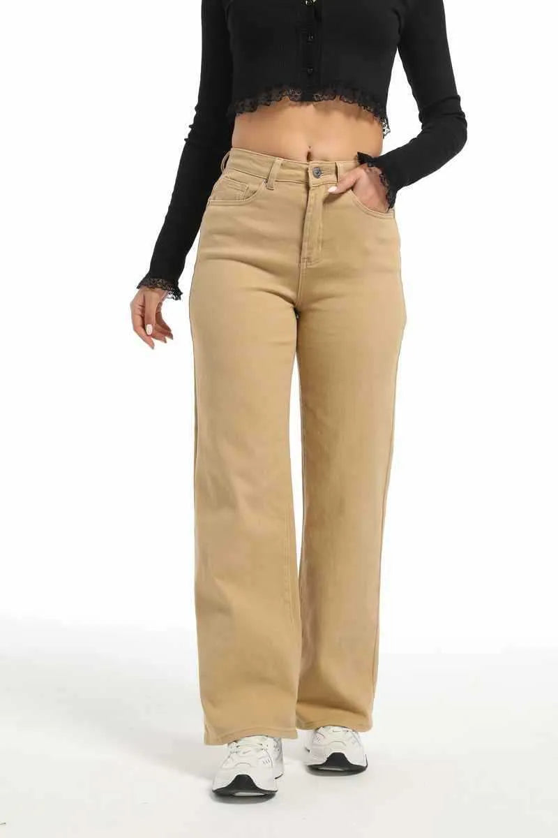 Women's high waist wide leg straight jeans in apricot and khaki colours