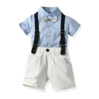 Boy's cotton trouser suit set with jacket and trousers in blue, showing front view