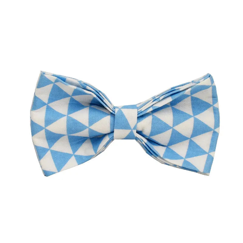 Blue triangular ring pattern dog accessory set with collar, leash, bow, and vest